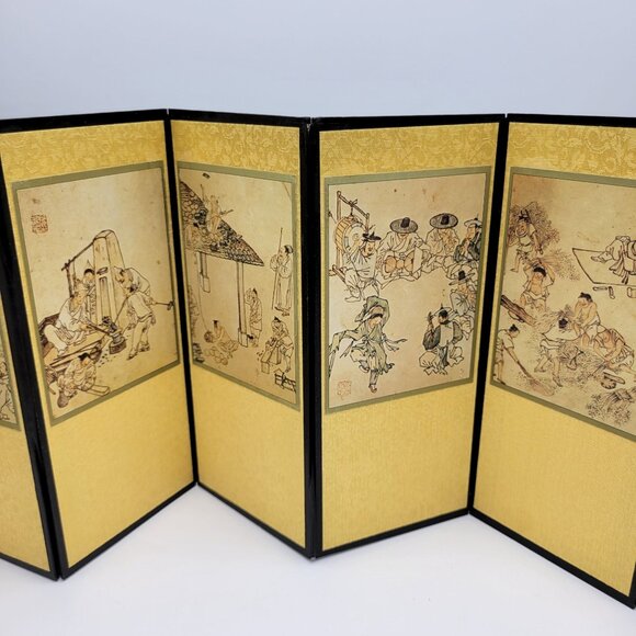 Vintage Folding Screen With Chinese Artwork Calligraphy Double Sided Panel Decor - Picture 6 of 16
